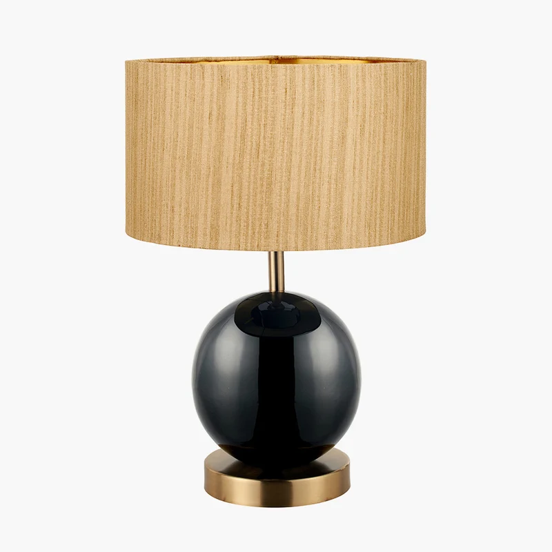 Sofia Black and Gold Enamel Table Lamp Base with Stellan 35cm Gold Slubbed Silk Mix Gold Lined Cylinder Lampshade