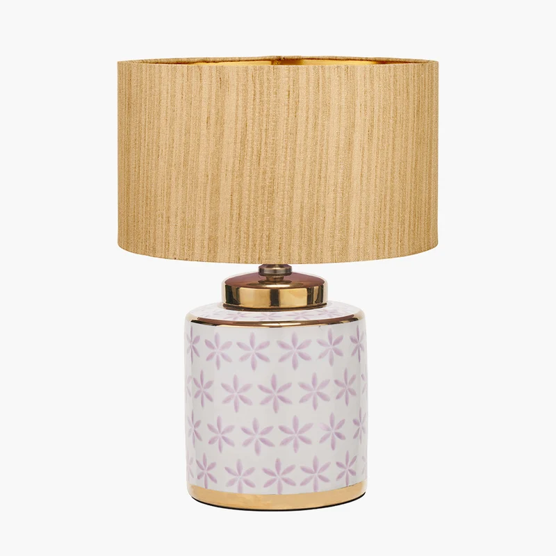 Thea Lillac and Gold Leaf Ceramic Table Lamp Base with Stellan 35cm Gold Slubbed Silk Mix Gold Lined Cylinder Lampshade