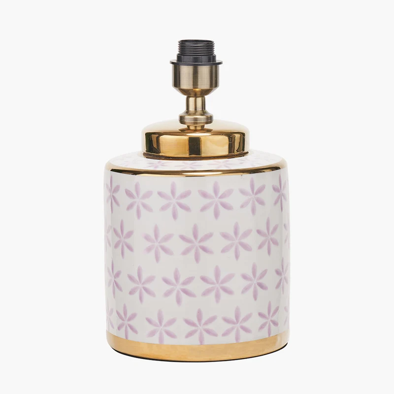 Thea Lillac and Gold Leaf Ceramic Table Lamp Base with Stellan 35cm Gold Slubbed Silk Mix Gold Lined Cylinder Lampshade