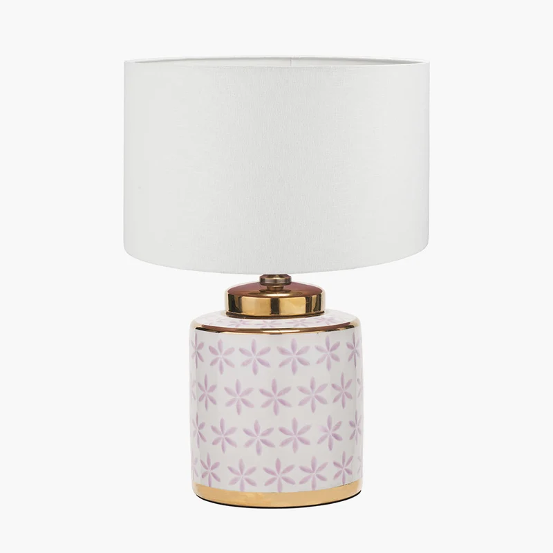 Thea Lillac and Gold Leaf Ceramic Table Lamp Base with Lino 35cm White Self Lined Linen Cylinder Lampshade