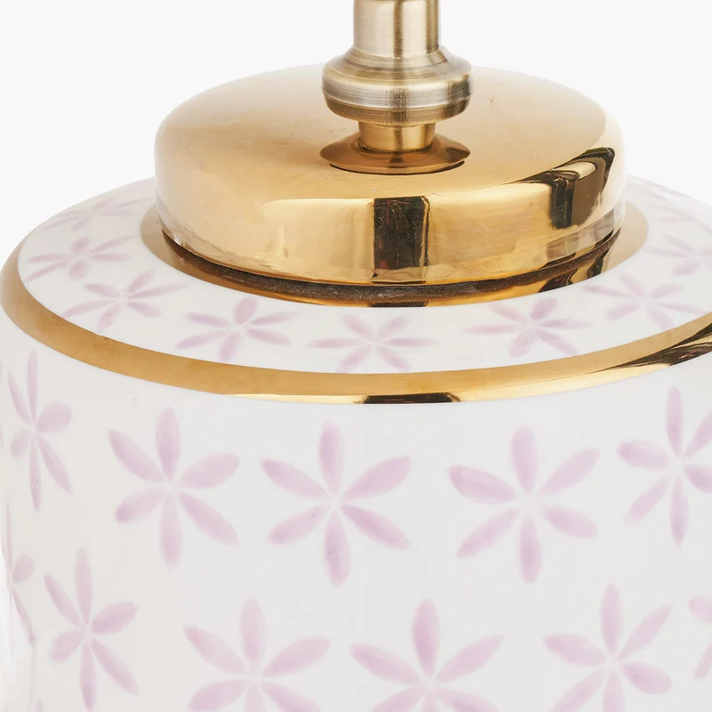 Thea Lillac and Gold Leaf Ceramic Table Lamp Base with Lino 35cm White Self Lined Linen Cylinder Lampshade