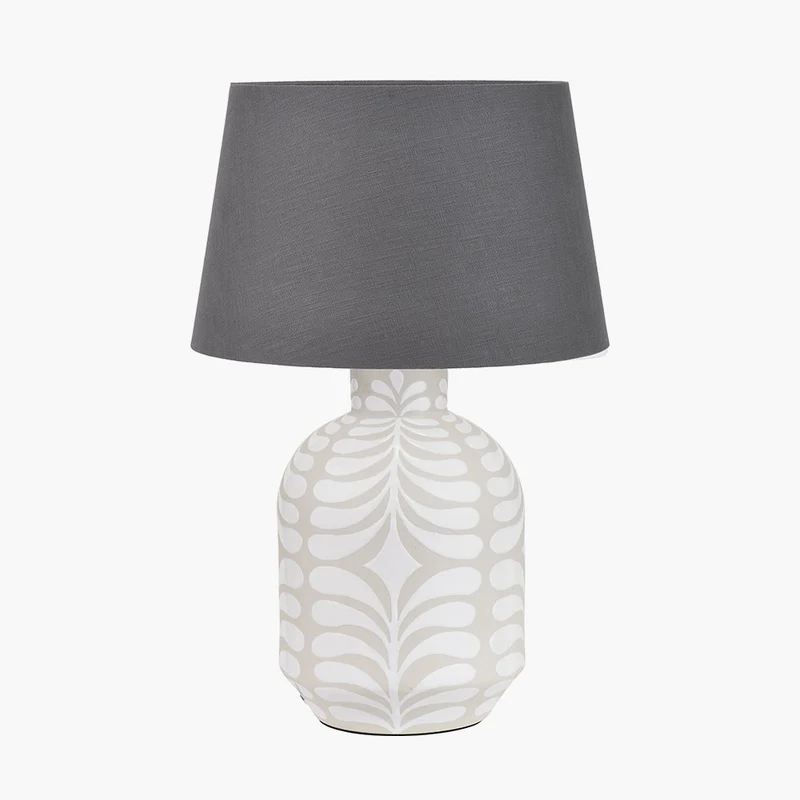 Tania Grey and White Pattern Ceramic Table Lamp Base with Lys 40cm Steel Grey Self Lined Linen Tapered Lampshade