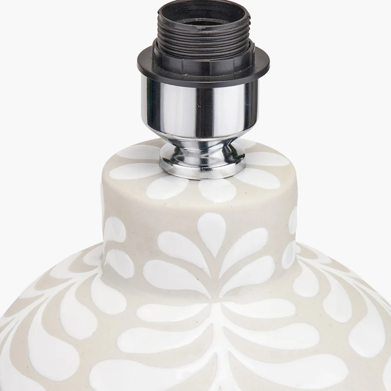 Tania Grey and White Pattern Ceramic Table Lamp Base with Lino 35cm Grey Self Lined Linen Cylinder Lampshade