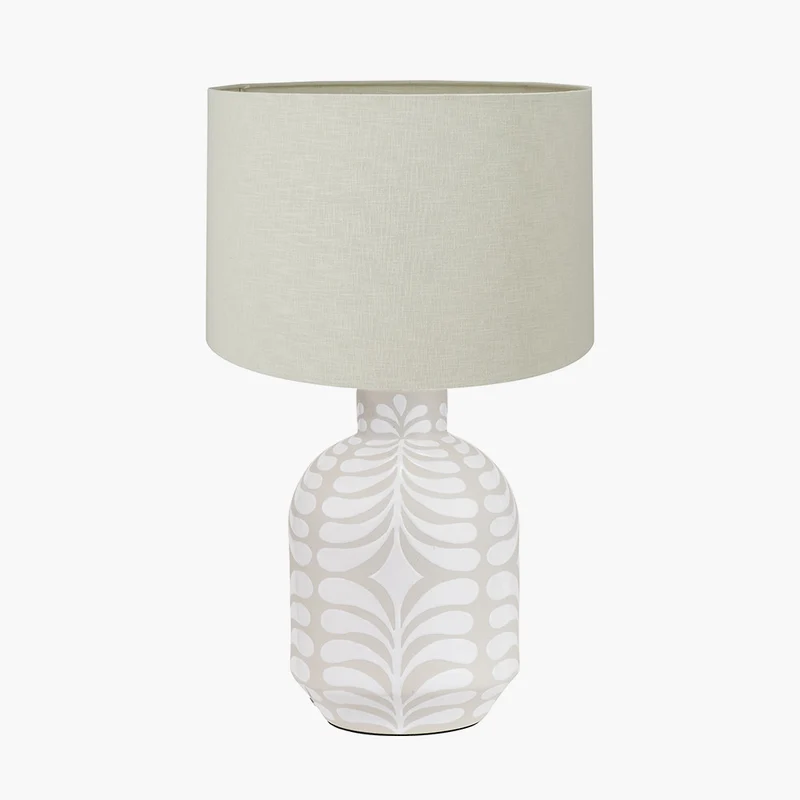 Tania Grey and White Pattern Ceramic Table Lamp Base with Lino 35cm Cream Self Lined Linen Cylinder Lampshade
