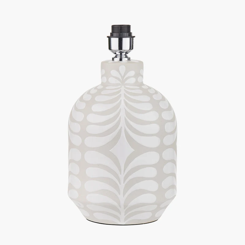 Tania Grey and White Pattern Ceramic Table Lamp Base with Lino 35cm Cream Self Lined Linen Cylinder Lampshade
