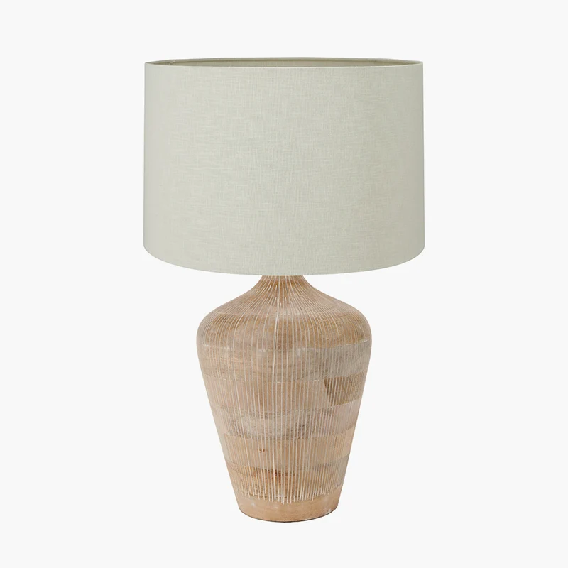 Taika White Wash Textured Wood Table Lamp Base with Lino 40cm Cream Self Lined Linen Cylinder Lampshade