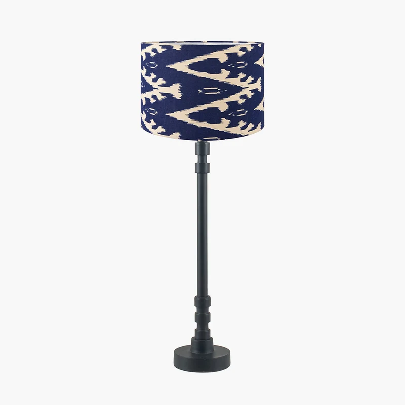 Rhode Matt Black Stick Metal Table Lamp Base with Lars 30cm Ocean Blue Ikat Patterned Cylinder Lampshade