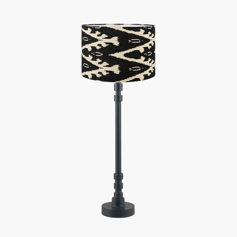 Rhode Matt Black Stick Metal Table Lamp Base with Lars 30cm Black Ikat Patterned Cylinder Lampshade