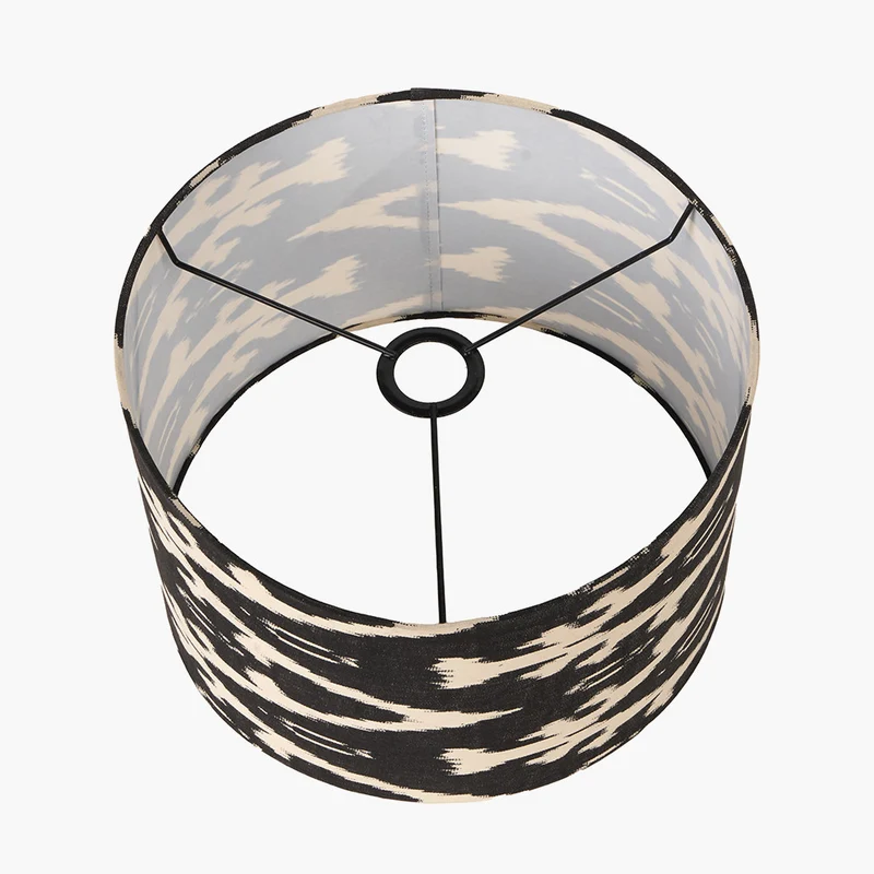 Rhode Matt Black Stick Metal Table Lamp Base with Lars 30cm Black Ikat Patterned Cylinder Lampshade