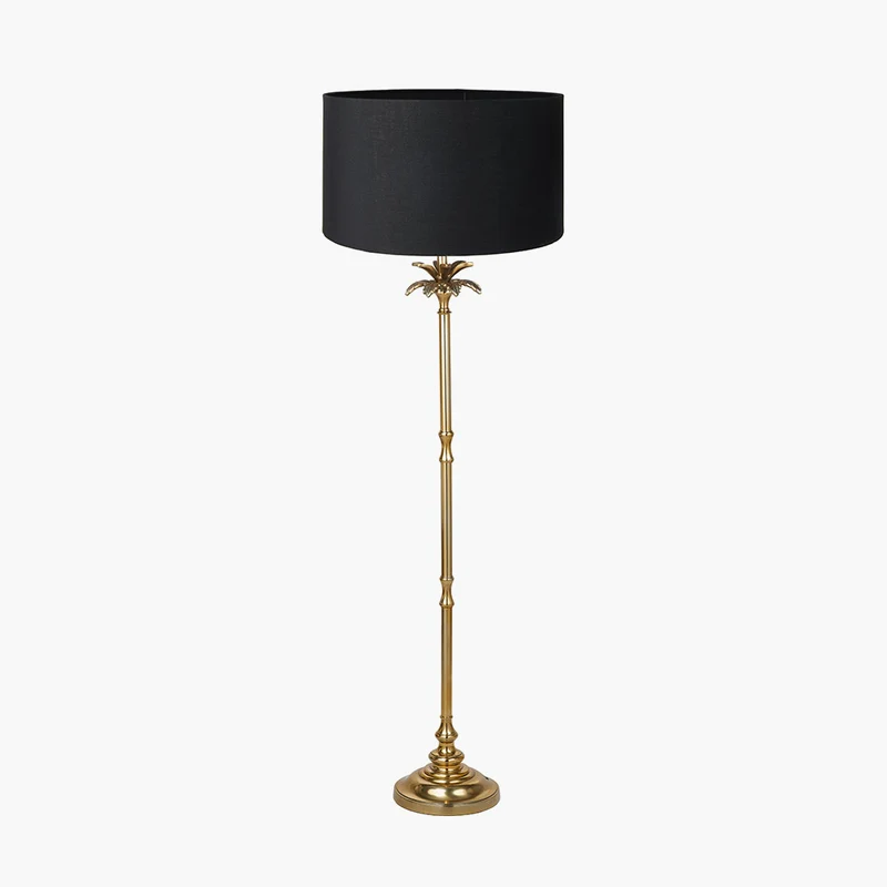 Trafalgar Gold Metal Palm Tree Floor Lamp Base with Harry 45cm Black Cotton Mix Cylinder Lampshade