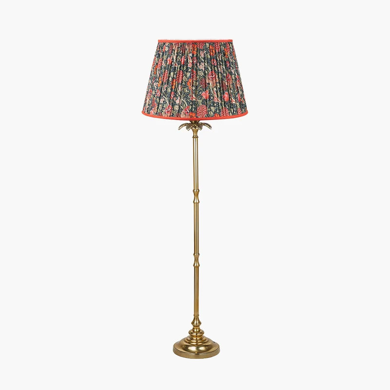 Trafalgar Gold Metal Palm Tree Floor Lamp Base with Floressa 45cm Red Floral Patterned Mushroom Pleat Tapered Lamp Shade