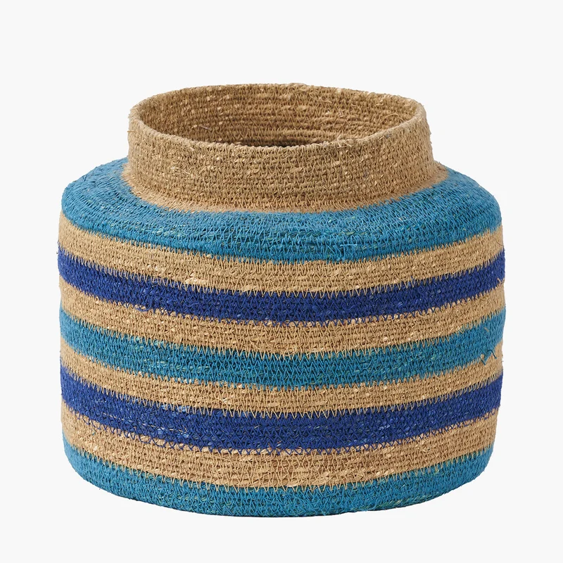 Tobs Seagrass Natural, Blue and Turquoise Stripe Round Basket