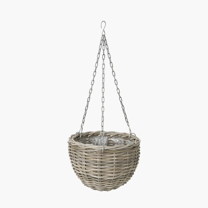 Tobs Indoor Outdoor Grey Kubu Rattan Round Hanging Basket - Large