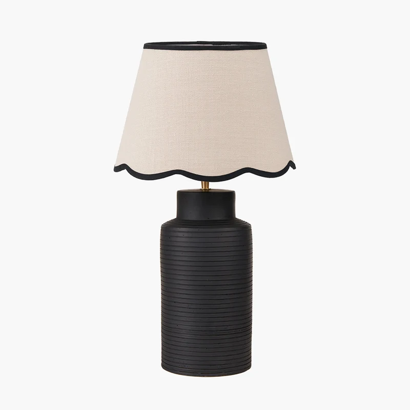 Sierra Black Tall Ribbed Terracotta Table Lamp Base with Tabitha 35cm Cream Jute Scalloped Edge Tapered Lamp Shade with Contrast Binding