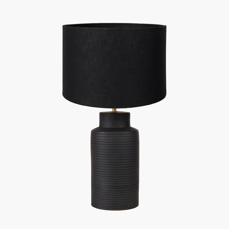 Sierra Black Tall Ribbed Terracotta Table Lamp Base with Lino 35cm Black Self Lined Linen Cylinder Lampshade