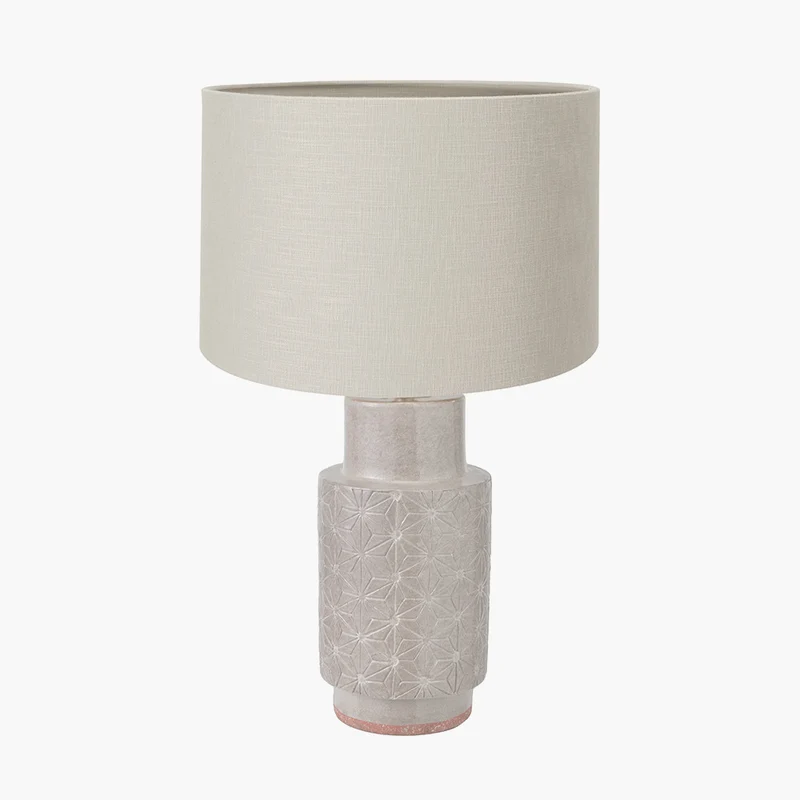 Sidra Grey Stoneware Etch Detail Table Lamp Base with Lino 35cm Grey Self Lined Linen Cylinder Lampshade