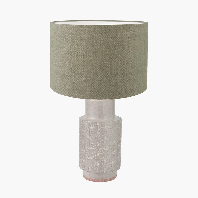 Sidra Grey Stoneware Etch Detail Table Lamp Base with Edward 35cm Pistachio Green Linen Cylinder Lampshade