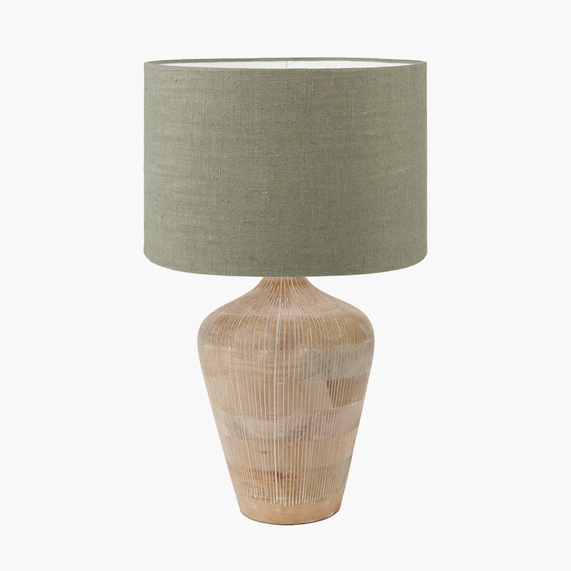 Taika White Wash Textured Wood Table Lamp Base with Edward 40cm Pistachio Green Linen Cylinder Lampshade