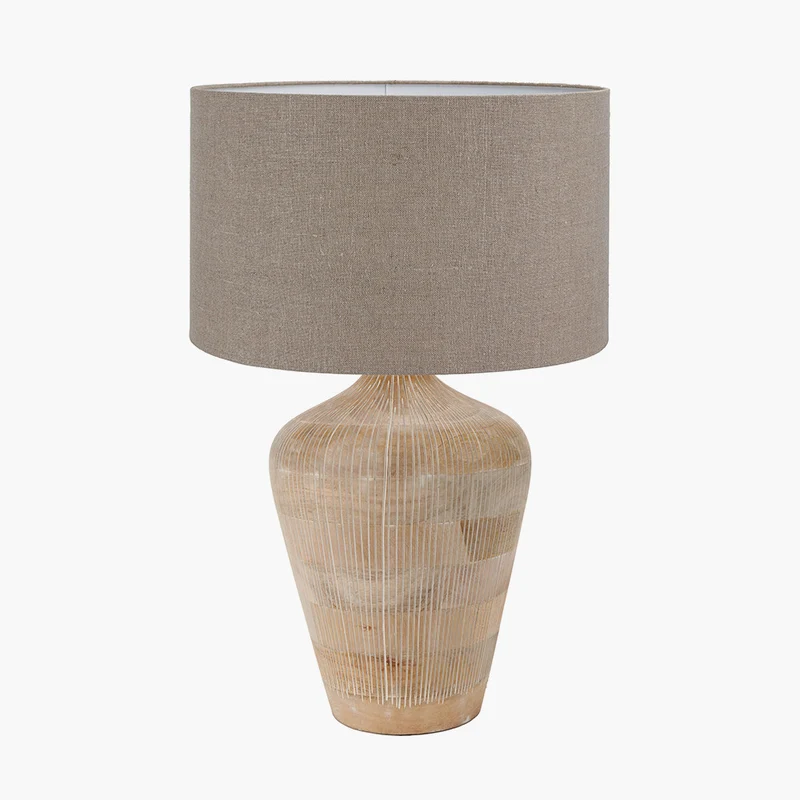 Taika White Wash Textured Wood Table Lamp Base with Edward 40cm Natural Linen Cylinder Lampshade