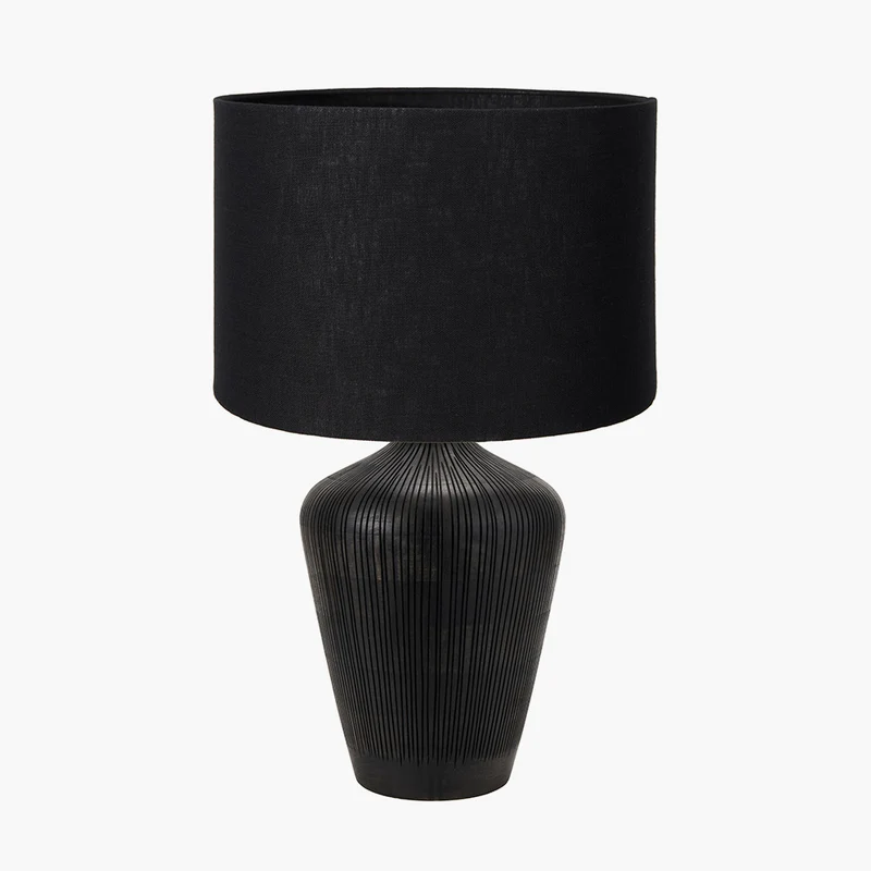Taika Antique Black Textured Wood Table Lamp Base with Lino 40cm Black Self Lined Linen Cylinder Lampshade