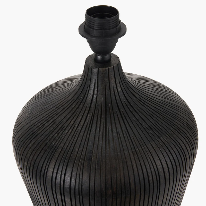 Taika Antique Black Textured Wood Table Lamp Base with Lino 40cm Black Self Lined Linen Cylinder Lampshade
