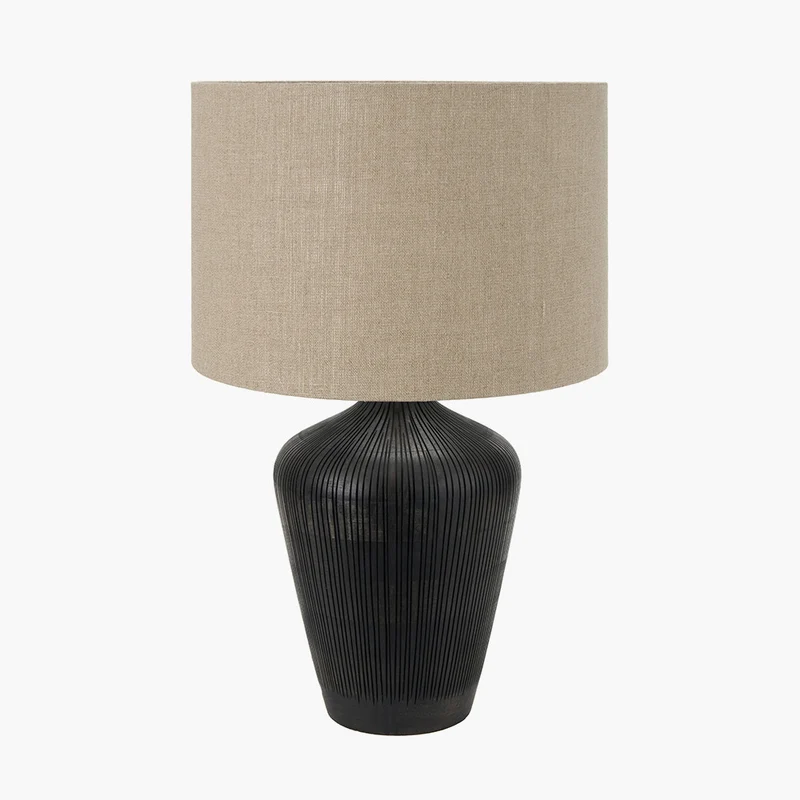 Taika Antique Black Textured Wood Table Lamp Base with Edward 40cm Natural Linen Cylinder Lampshade