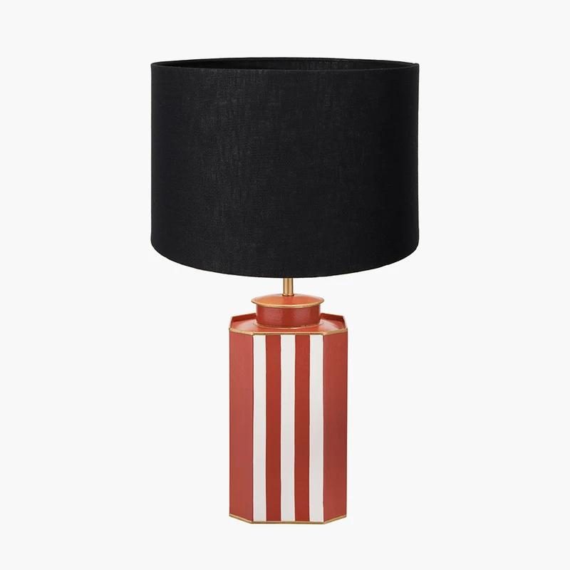 Raya Cinnamon and White Hand Painted Metal Table Lamp Base with Lino 40cm Black Self Lined Linen Cylinder Lampshade