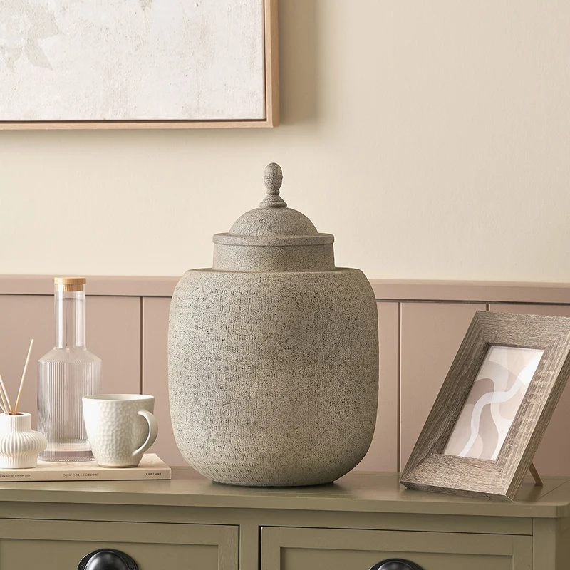 Raj Stone Grey Hammered Metal Urn Vase with Lid