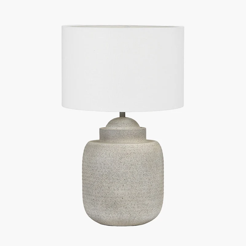 Raj Stone Grey Hammered Metal Urn Shaped Lamp Base with Lino 40cm White Self Lined Linen Cylinder Lampshade
