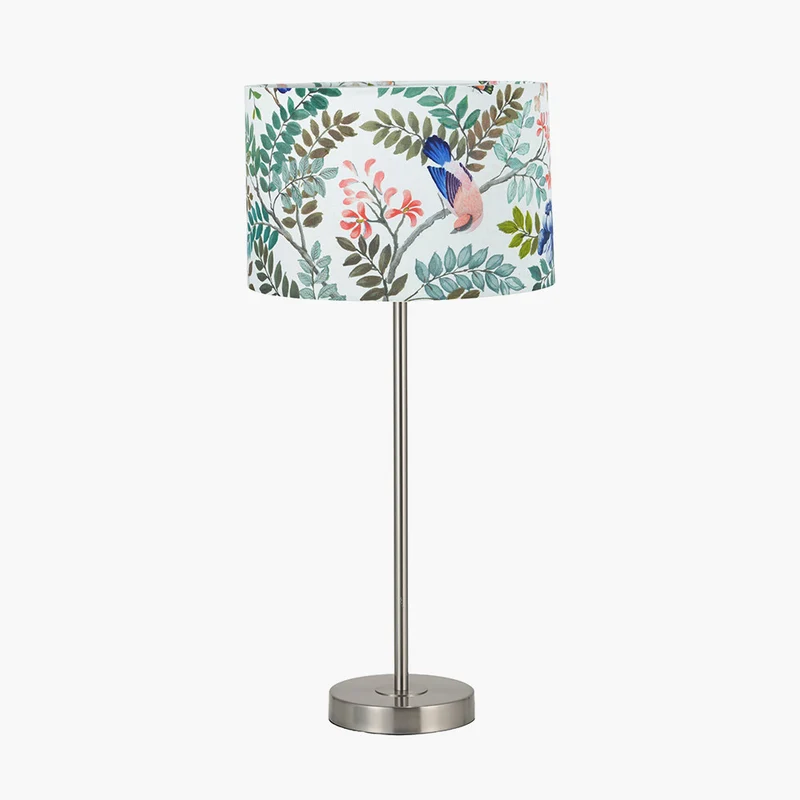 Sesvenna Brushed Silver Metal Stick Table Lamp Base with Porcelaine de Chine 35cm Drum Shade Cobalt
