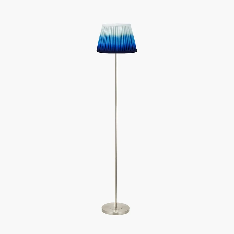 Sesvenna Brushed Silver Metal Stick Floor Lamp Base with Savoie 40cm Pleated Shade Cobalt