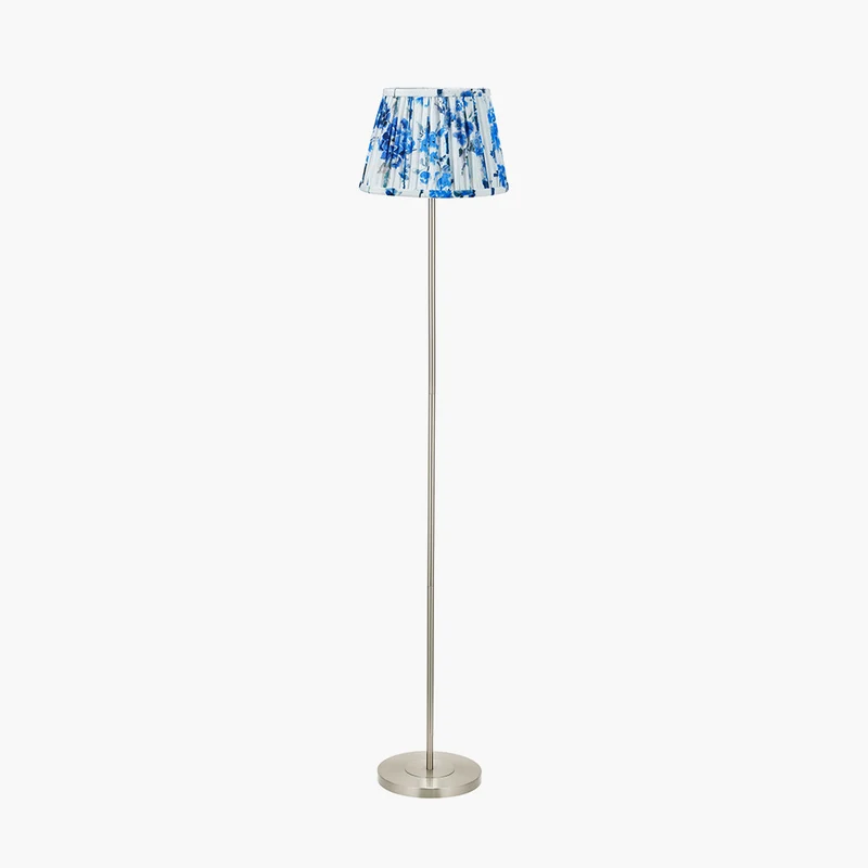 Sesvenna Brushed Silver Metal Stick Floor Lamp Base with Kyoto Flower 40cm Pleated Shade Cobalt