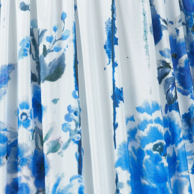 Sesvenna Brushed Silver Metal Stick Floor Lamp Base with Kyoto Flower 40cm Pleated Shade Cobalt