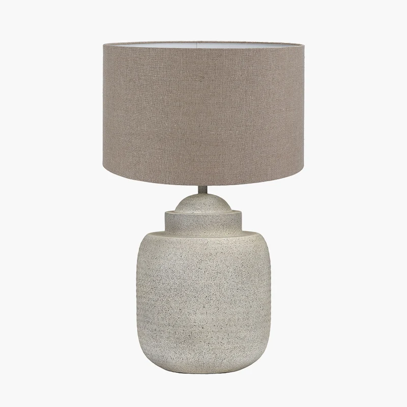 Raj Stone Grey Hammered Metal Urn Shaped Lamp Base with Edward 40cm Natural Linen Cylinder Lampshade