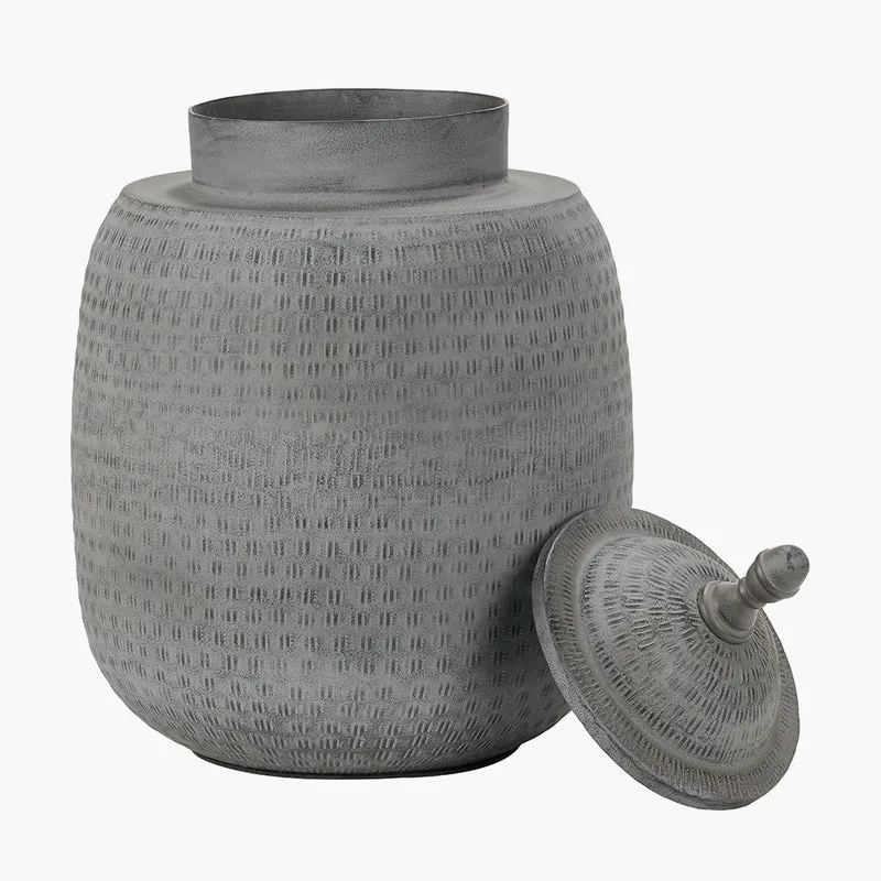 Raj Charcoal Grey Hammered Metal Urn Vase with Lid