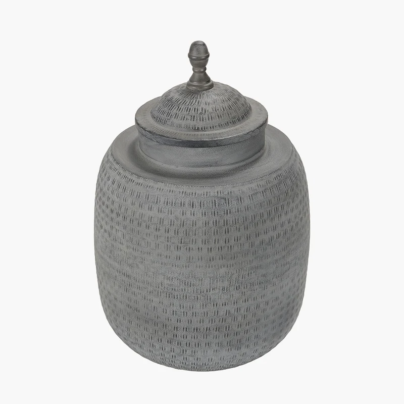 Raj Charcoal Grey Hammered Metal Urn Vase with Lid