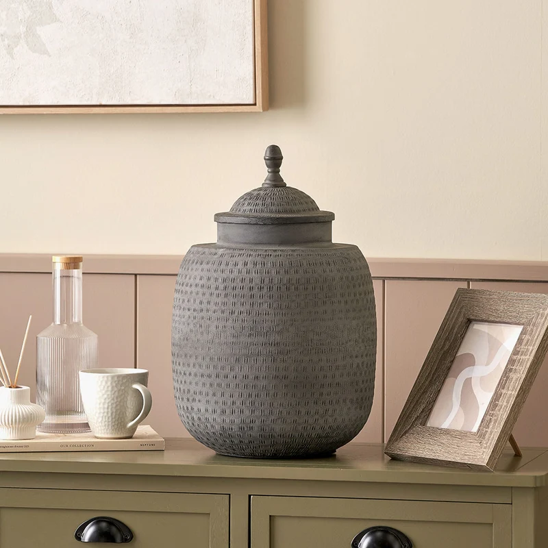 Raj Charcoal Grey Hammered Metal Urn Vase with Lid
