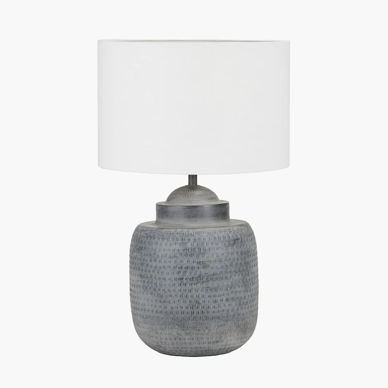 Raj Charcoal Grey Hammered Metal Urn Shaped Lamp Base with Lino 40cm White Self Lined Linen Cylinder Lampshade