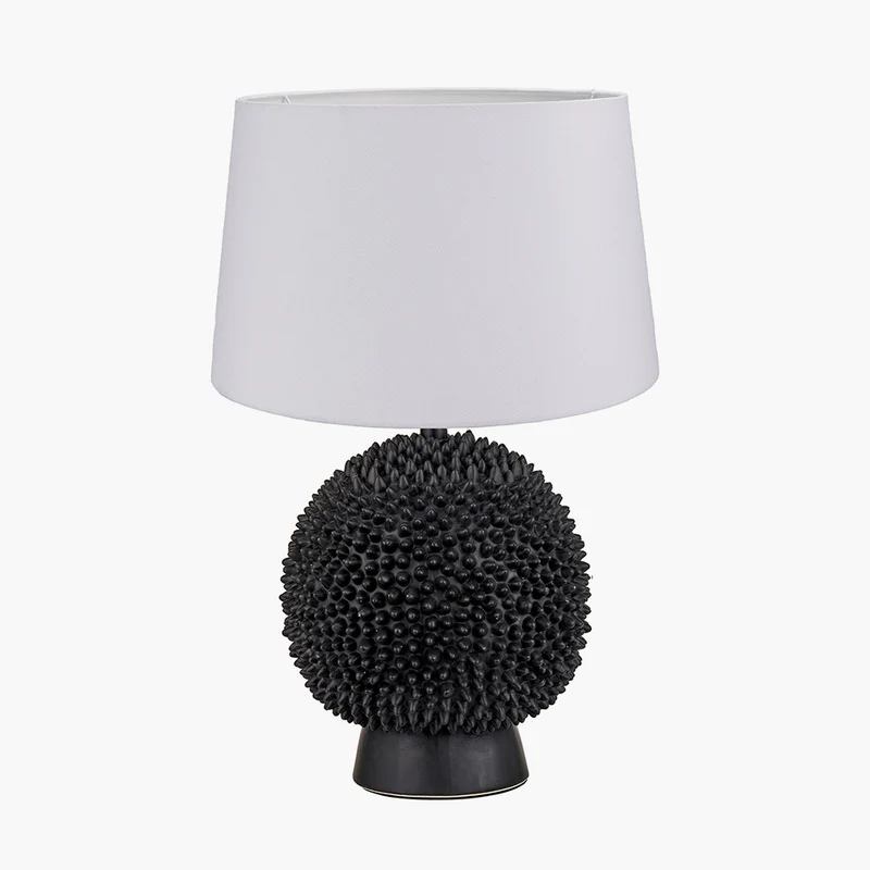 Wrenley Black Ceramic Sea Urchin Table Lamp Base with Winston 40cm White Handloom Tapered Lampshade