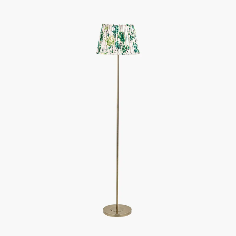 Sesvenna Antique Brass Metal Stick Floor Lamp Base with Kyoto Flower 40cm Pleated Shade Emerald