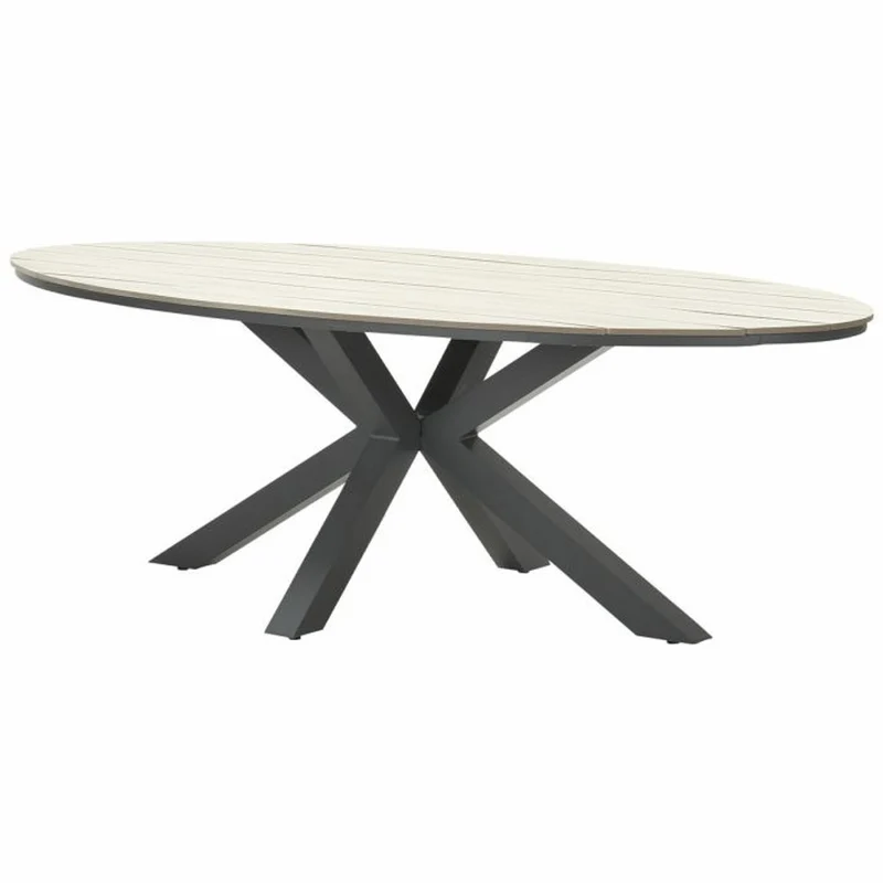 Monti tuinset 7-delig taupe met Edison tuintafel ovaal 220x115 cm light teak vironwood