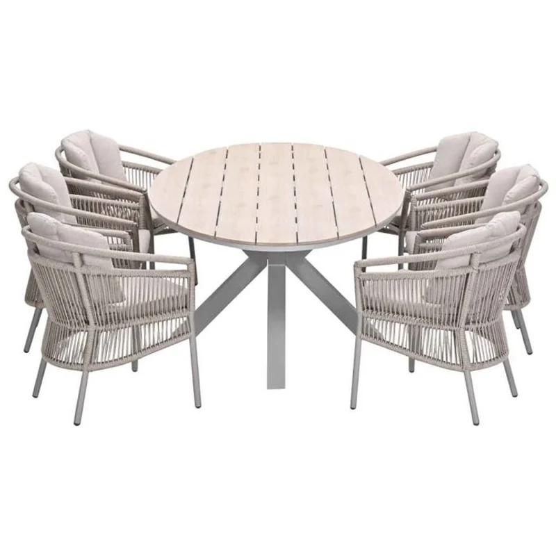 Porto tuinset 7-delig taupe met Edison tuintafel ovaal 220x115 cm light teak vironwood