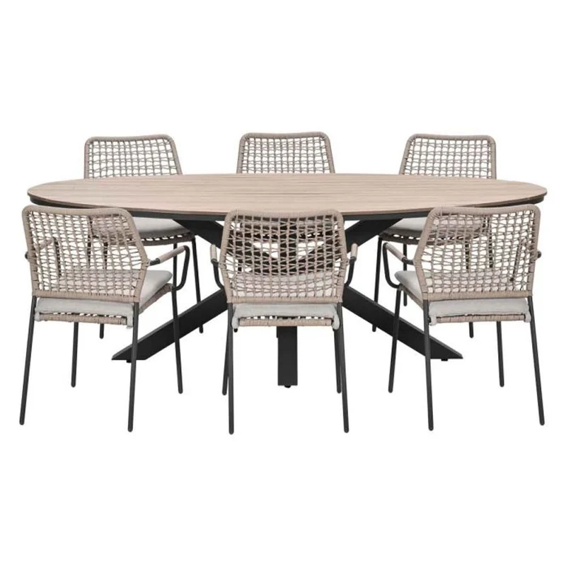 Swifty tuinset 7-delig sand met Edison tuintafel ovaal 220x115 cm bruin vironwood