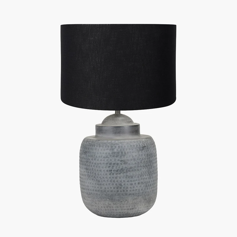 Raj Charcoal Grey Hammered Metal Urn Shaped Lamp Base with Lino 40cm Black Self Lined Linen Cylinder Lampshade