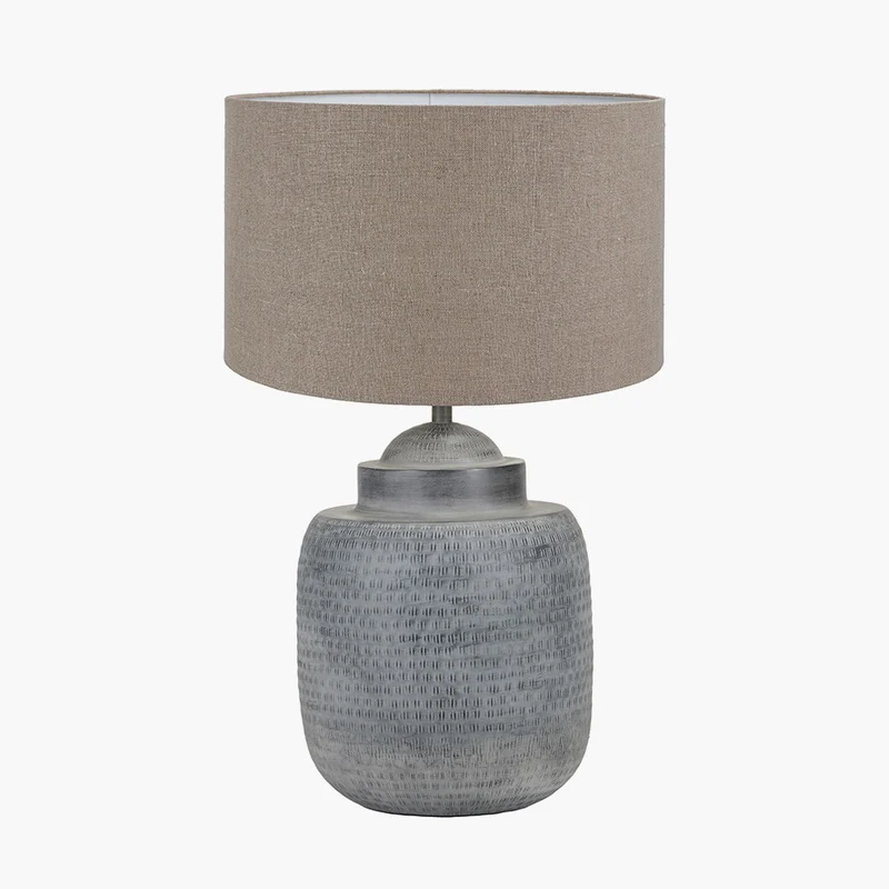Raj Charcoal Grey Hammered Metal Urn Shaped Lamp Base with Edward 40cm Natural Linen Cylinder Lampshade