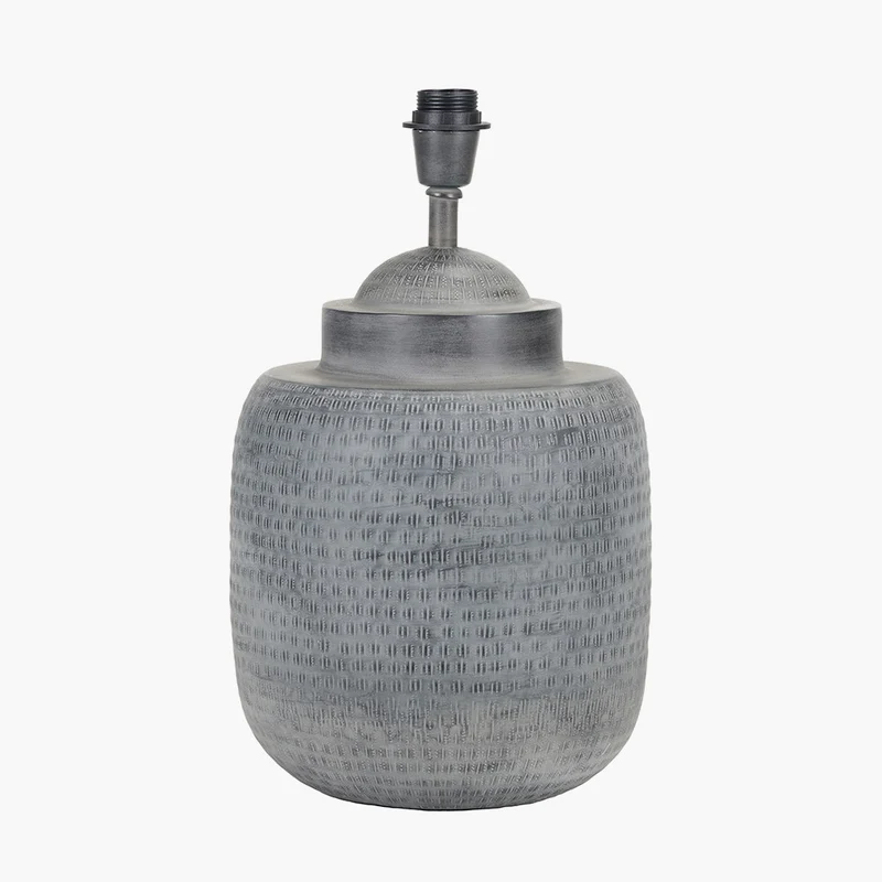 Raj Charcoal Grey Hammered Metal Urn Shaped Lamp Base with Edward 40cm Natural Linen Cylinder Lampshade
