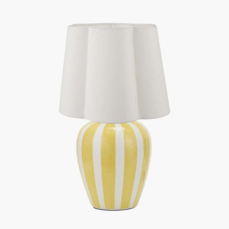 Priscilla Yellow Striped Ceramic Table Lamp Base with Posy 30cm White Handloom Scalloped Tapered Lampshade