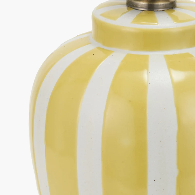 Priscilla Yellow Striped Ceramic Table Lamp Base with Posy 30cm White Handloom Scalloped Tapered Lampshade