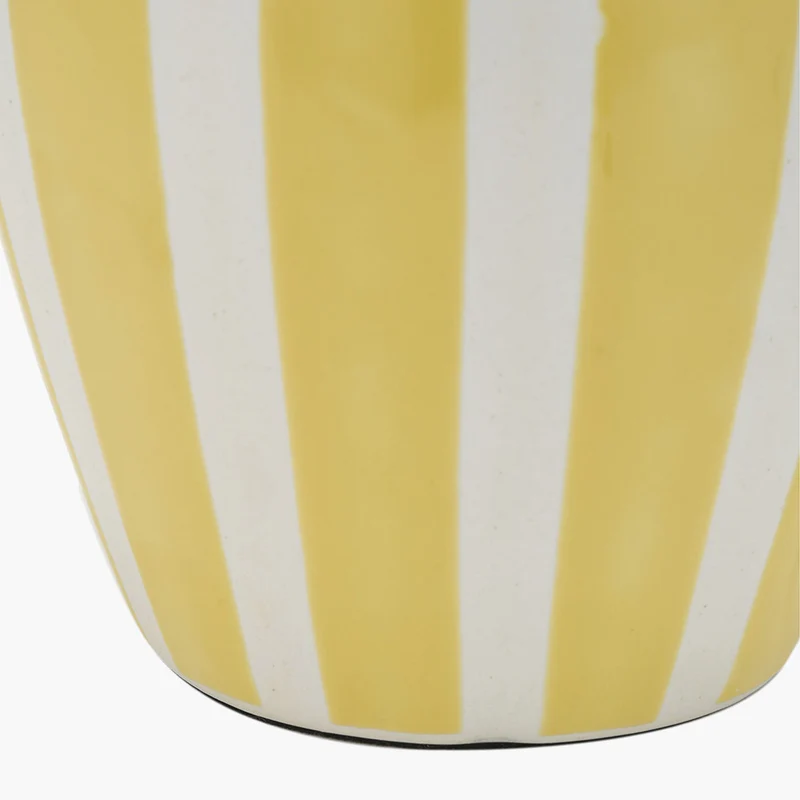 Priscilla Yellow Striped Ceramic Table Lamp Base with Posy 30cm White Handloom Scalloped Tapered Lampshade