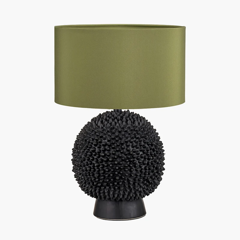Wrenley Black Ceramic Sea Urchin Table Lamp Base with Harry 35cm Sage Cotton Mix Cylinder Lampshade